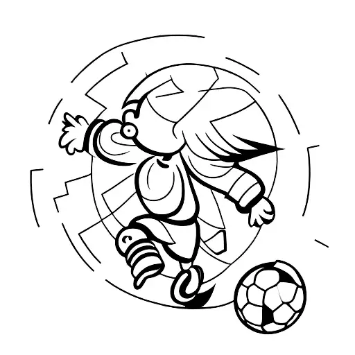 a minimalist tattoo of a little boy playing soccer only creating the outline on a white background  tattoo design idea