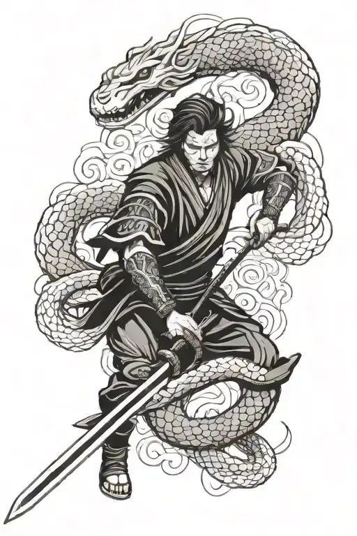 Samurai Sword surounded by snake slithering tattoo design idea