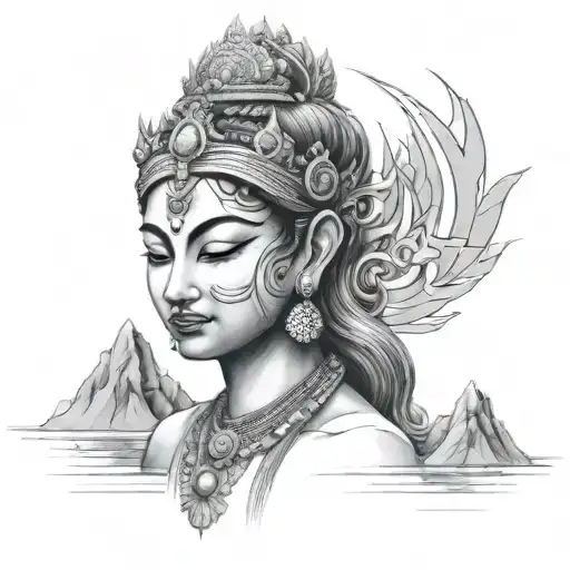 mountains, lines, shadi g sculpture of apsara, brush strokes designs, sun rays, ocean  tattoo design idea