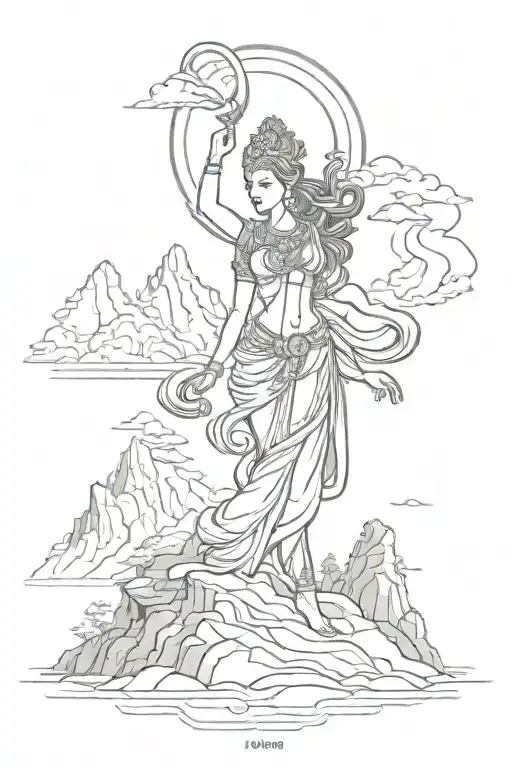 mountains, lines, shadi g sculpture of apsara, brush strokes designs, sun rays, ocean  tattoo design idea