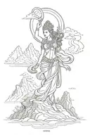 mountains, lines, shadi g sculpture of apsara, brush strokes designs, sun rays, ocean  tattoo design idea