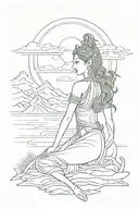 mountains, lines, shadi g sculpture of apsara, brush strokes designs, sun rays, ocean  tattoo design idea