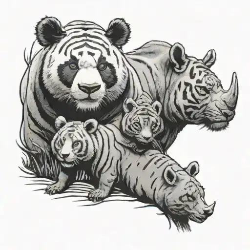 Panda next to Tiger next to Rhino with koala on his horn tattoo design idea