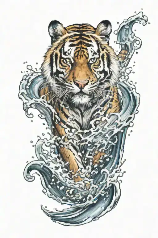 tiger walking  in water waves crashing in the background looking tattoo design idea