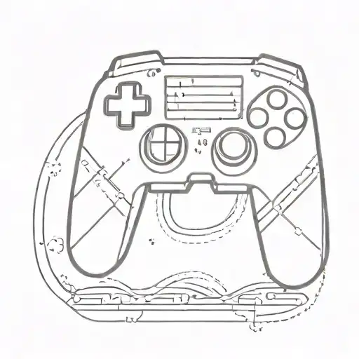 A minimalist tattoo design featuring a pixelated video game controller intertwined with lines of code, symbolizing the client's love for gaming and coding tattoo design idea