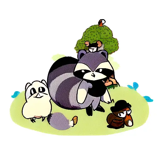 un racoon avec un colibri et un dodo qui voyagent ensemble tattoo design idea