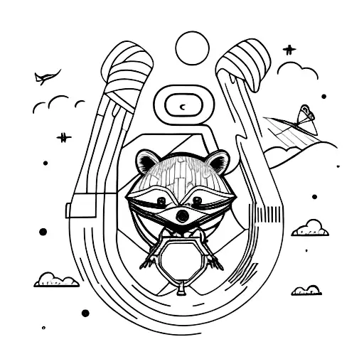 un racoon avec un colibri et un dodo qui voyagent ensemble tattoo design idea