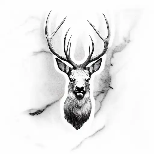 elk head half black and white marble half color with plants tattoo design idea