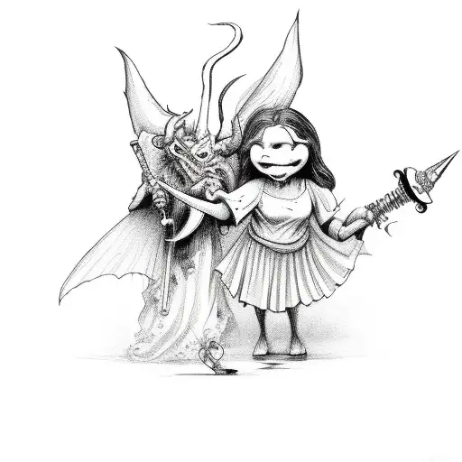 devil hitting a angel with a bong tattoo design idea