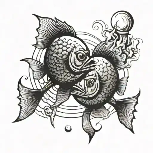 2 fish zodiac sign light bulb sea and sun tattoo design idea