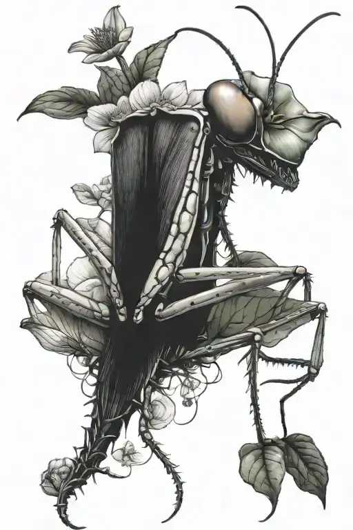 praying mantis head and lotus flower large black leaves tattoo design idea