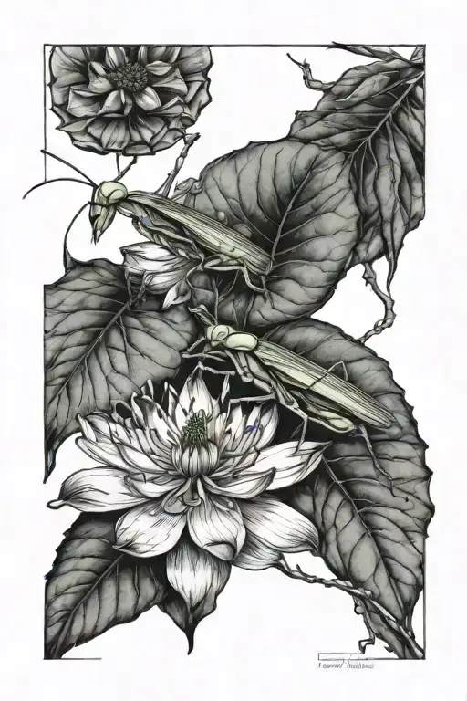 praying mantis and lotus flower large black leaves tattoo design idea