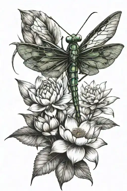 praying mantis and lotus flower large black leaves tattoo design idea