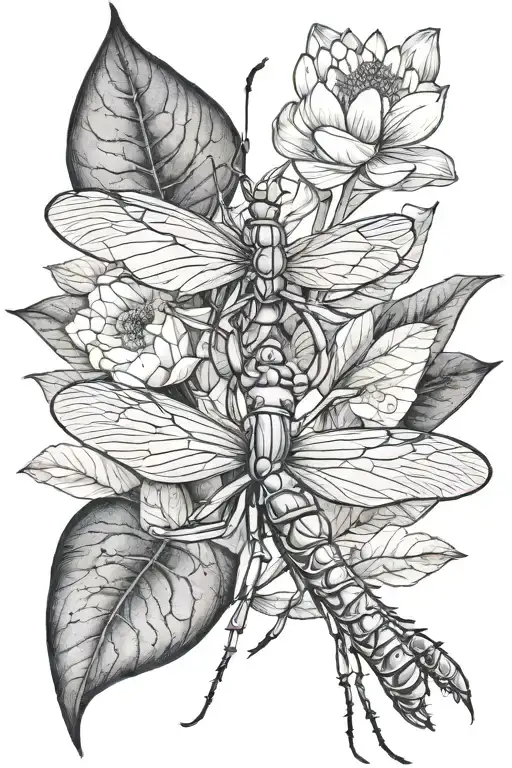praying mantis head and lotus flower large black leaves tattoo design idea