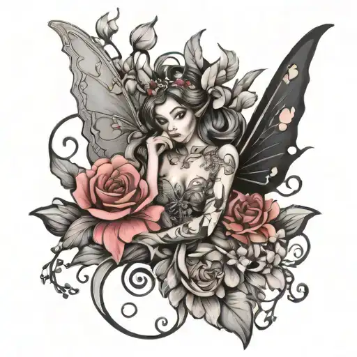 black and grey fairy surrounded by elegance and flowers design tattoo design idea