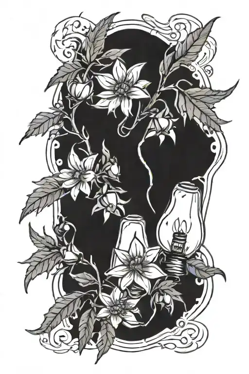 two edelweiss flowers with stems in a broken lightbulb surrounded by maile lei tattoo design idea