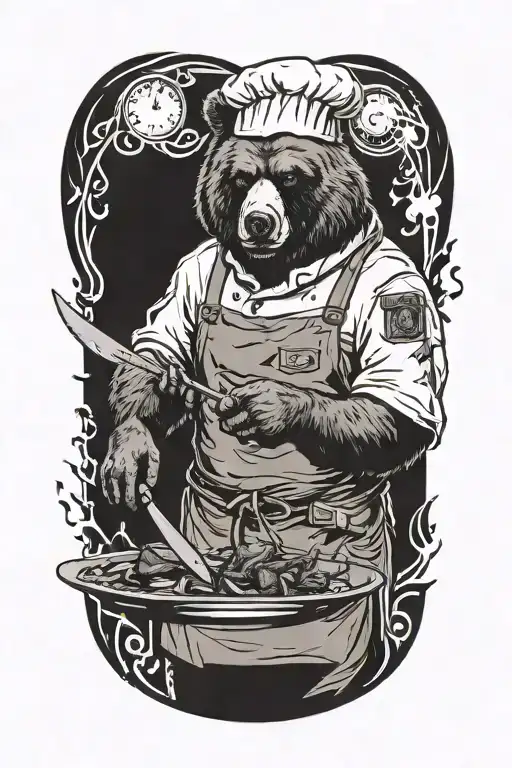 A masculine bear chef with a menacing look, preparing a gruesome dish with a sharp knife tattoo design idea