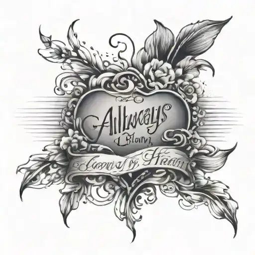A beautiful sunset over the ocean, with the words 'always in my heart' written in elegant script tattoo design idea