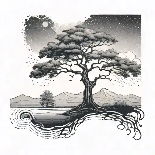 A serene landscape with a solitary tree, representing strength and growth in solitude tattoo design idea