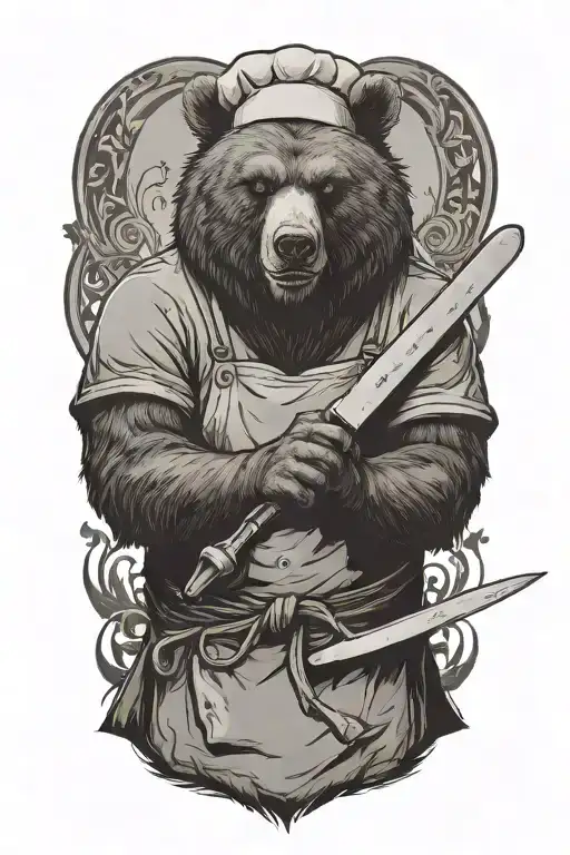A masculine bear chef with a menacing look, preparing a gruesome dish with a sharp knife tattoo design idea