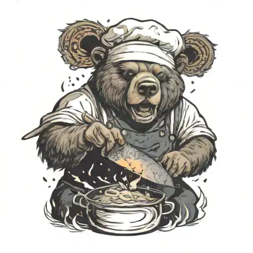 A badass bear chef cooking up a storm with a knife in hand, surrounded by flames and smoke tattoo design idea