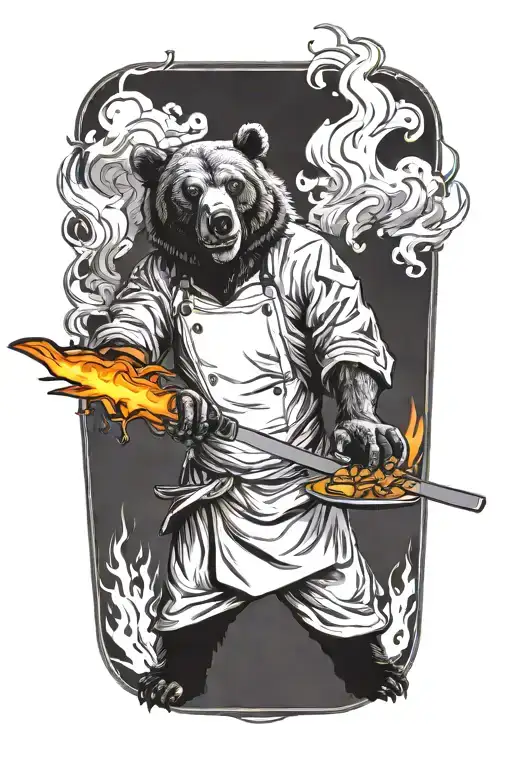 A badass bear chef cooking up a storm with a knife in hand, surrounded by flames and smoke tattoo design idea