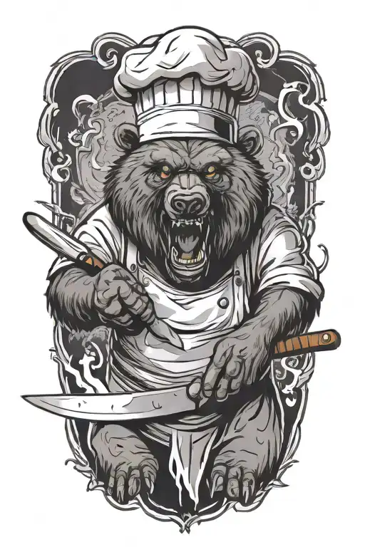A terrifying bear chef with glowing eyes and a wicked grin, brandishing a knife in a horror-themed kitchen tattoo design idea