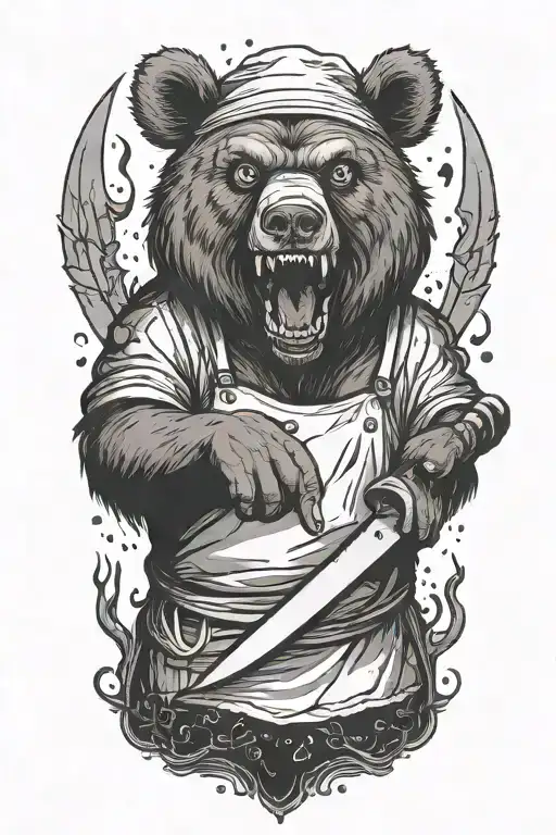 A terrifying bear chef with glowing eyes and a wicked grin, brandishing a knife in a horror-themed kitchen tattoo design idea