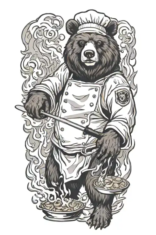 A badass bear chef cooking up a storm with a knife in hand, surrounded by flames and smoke tattoo design idea
