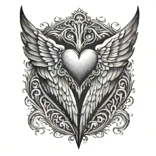 A pair of angel wings with a heart in the center, representing the everlasting presence of your father in your heart tattoo design idea