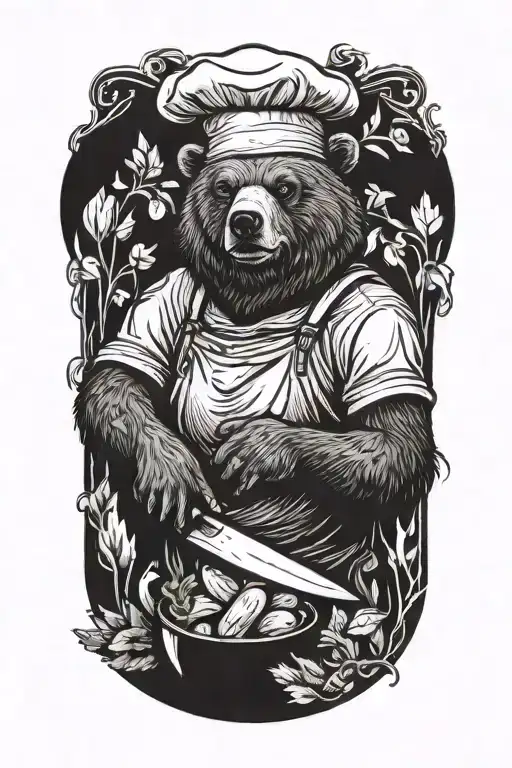 A bear wearing a chef's hat and apron, chopping vegetables with a knife tattoo design idea