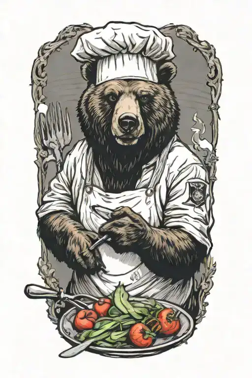 A bear wearing a chef's hat and apron, chopping vegetables with a knife tattoo design idea