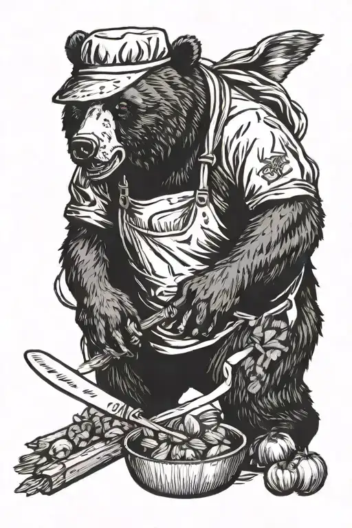 A bear wearing a chef's hat and apron, chopping vegetables with a knife tattoo design idea