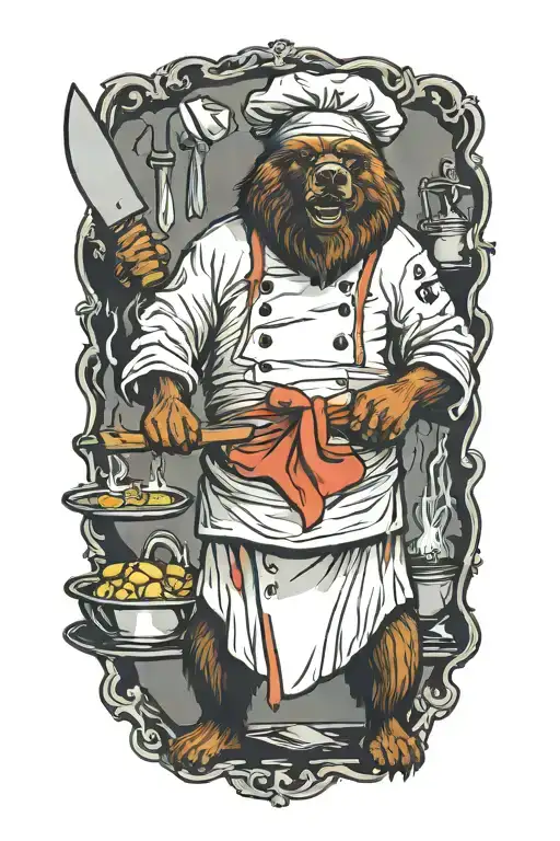 A terrifying bear chef with glowing eyes and a wicked grin, brandishing a knife in a horror-themed kitchen tattoo design idea