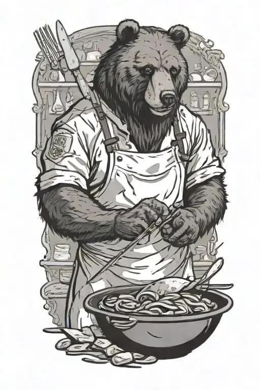 A masculine bear chef with a menacing look, preparing a gruesome dish with a sharp knife tattoo design idea