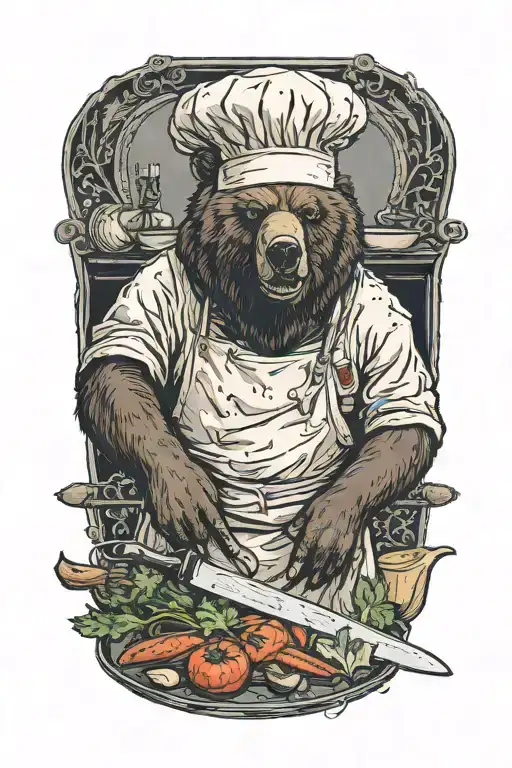 A bear wearing a chef's hat and apron, chopping vegetables with a knife tattoo design idea