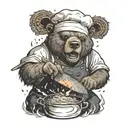 A badass bear chef cooking up a storm with a knife in hand, surrounded by flames and smoke tattoo design idea