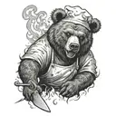 A badass bear chef cooking up a storm with a knife in hand, surrounded by flames and smoke tattoo design idea