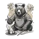 A badass bear chef cooking up a storm with a knife in hand, surrounded by flames and smoke tattoo design idea