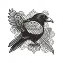 A raven with intricate patterns inspired by Norse mythology surrounding Odin's occupation as a god of wisdom and war tattoo design idea