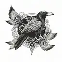 A raven with intricate patterns inspired by Norse mythology surrounding Odin's occupation as a god of wisdom and war tattoo design idea