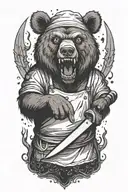 A terrifying bear chef with glowing eyes and a wicked grin, brandishing a knife in a horror-themed kitchen tattoo design idea