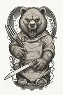 A terrifying bear chef with glowing eyes and a wicked grin, brandishing a knife in a horror-themed kitchen tattoo design idea