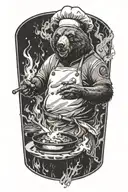 A badass bear chef cooking up a storm with a knife in hand, surrounded by flames and smoke tattoo design idea