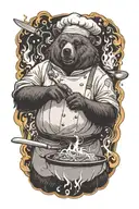 A badass bear chef cooking up a storm with a knife in hand, surrounded by flames and smoke tattoo design idea