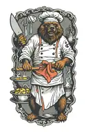 A terrifying bear chef with glowing eyes and a wicked grin, brandishing a knife in a horror-themed kitchen tattoo design idea