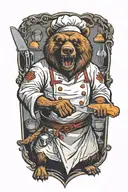 A terrifying bear chef with glowing eyes and a wicked grin, brandishing a knife in a horror-themed kitchen tattoo design idea