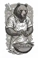 A masculine bear chef with a menacing look, preparing a gruesome dish with a sharp knife tattoo design idea