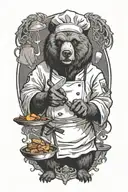 A masculine bear chef with a menacing look, preparing a gruesome dish with a sharp knife tattoo design idea