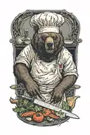 A bear wearing a chef's hat and apron, chopping vegetables with a knife tattoo design idea